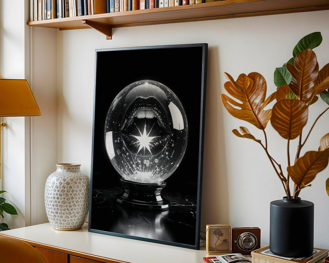 Crystal Ball With Sparkling Lips Black White Mystical Poster - Image 2