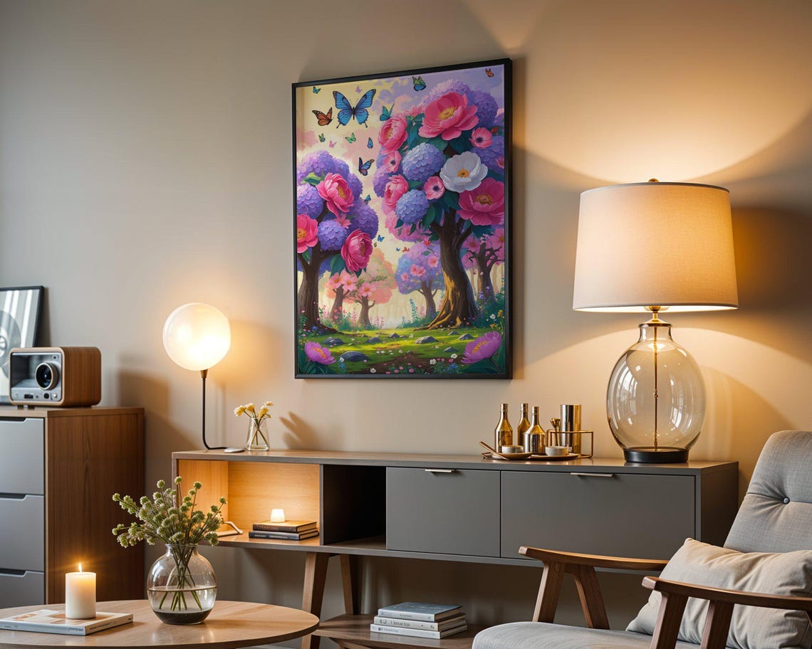 Enchanted Garden Wall Art Fairy Tale Forest Print Colorful Flower Trees Painting Whimsical Nature Decor Magical Butterfly Artwork - Image 3