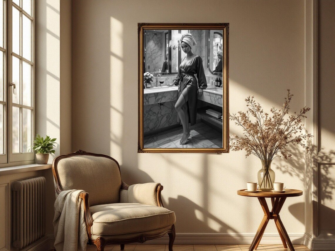 Elegant Bathroom Wall Art Stylish Woman In Robe Black And White Spa Decor Sophisticated Bathroom Luxury Wall Art Home Decor - Image 5