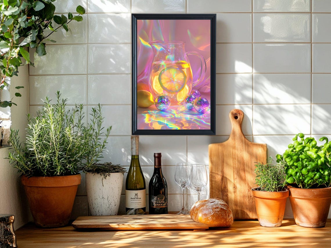 Colorful Lemonade Pitcher Wall Art Vibrant Rainbow Reflection Kitchen Decor Unique Fruit And Glass Painting For Home - Image 2