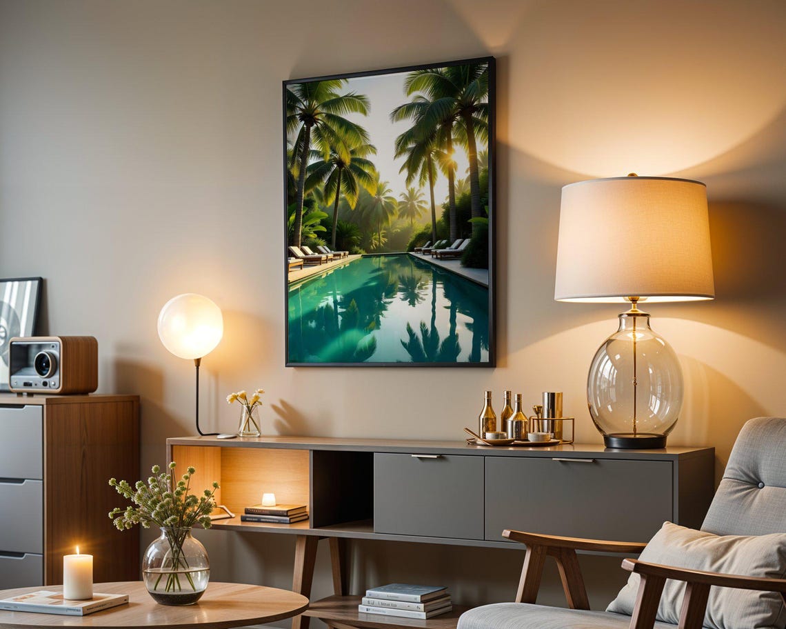 Tropical Resort Pool With Palm Trees Reflecting Sunrise Poster - Image 5