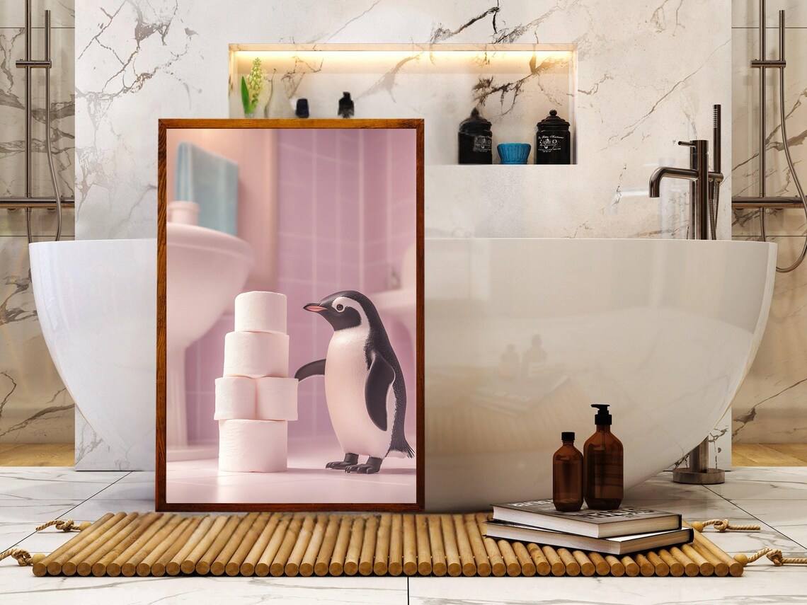 Playful Penguin Beside a Tall Tower of Toilet Paper Rolls Poster - Image 5