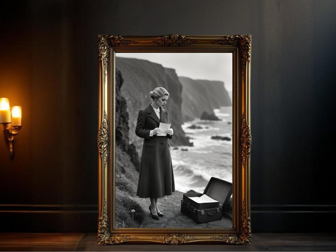 Vintage Woman Reading Letter on Coastal Cliff with Suitcase Poster
