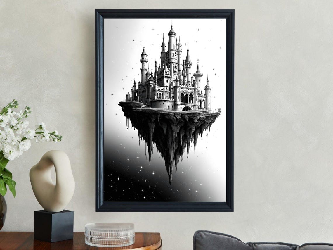 Magical Floating Castle Wall Art Black And White Fantasy Artwork Surreal Castle Decor Gothic Floating Island Print Mystical Home Decor