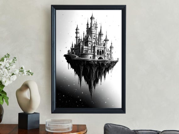 Magical Floating Castle Wall Art Black And White Fantasy Artwork Surreal Castle Decor Gothic Floating Island Print Mystical Home Decor
