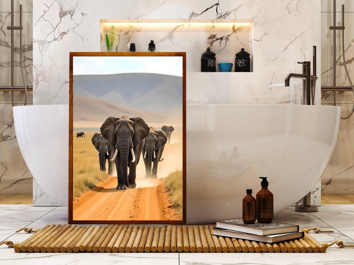 Elephant Herd Walking On A Dusty Savanna Road Under Morning Light Poster - Image 4