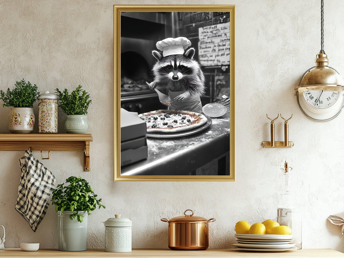 Funny Raccoon Pizza Chef in the Pizzeria Black and White Kitchen Poster