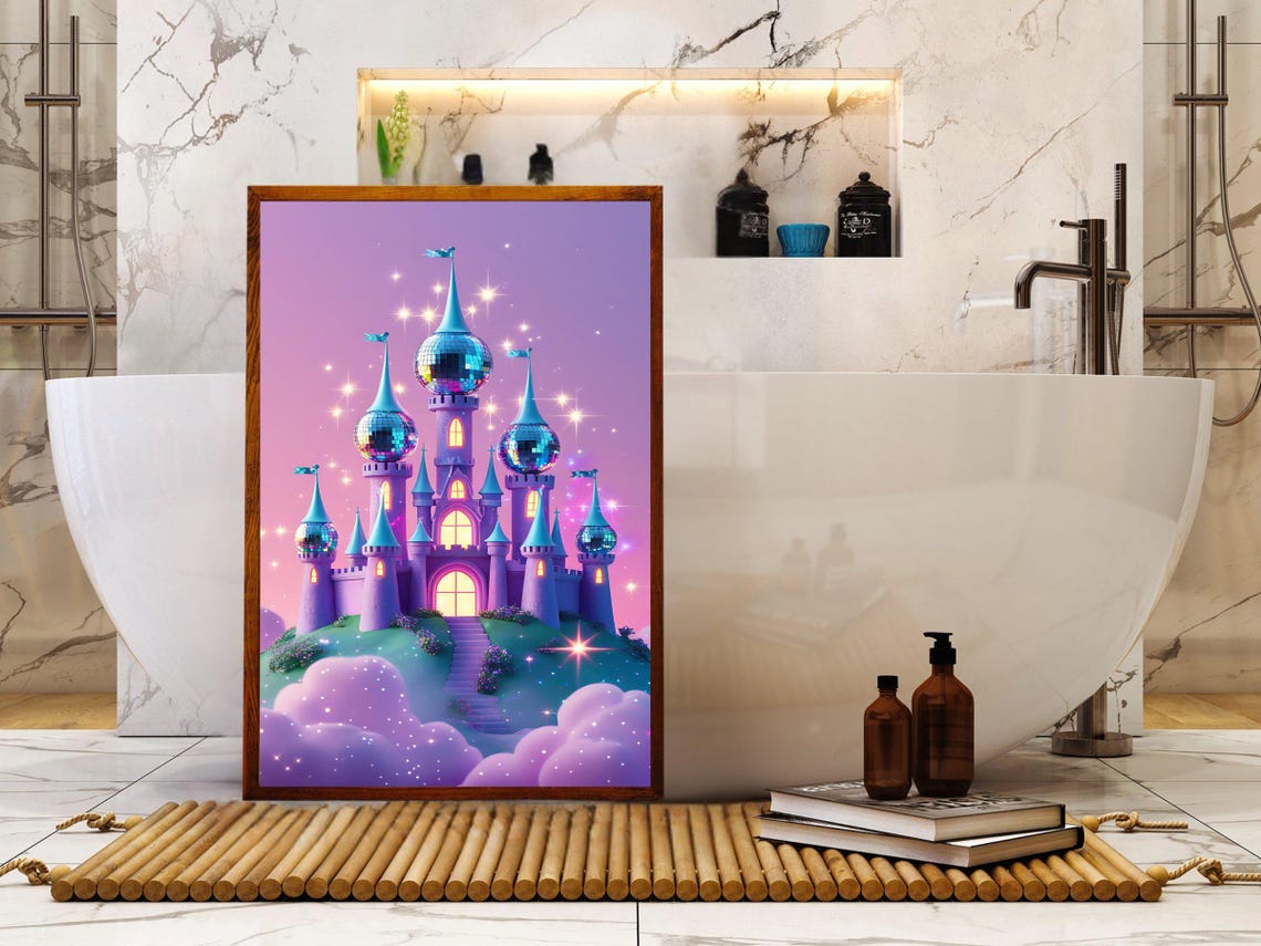 Fantasy Castle With Disco Ball Domes Purple Starry Sky Poster - Image 2