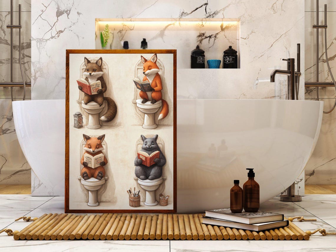 Four Foxes Sitting on Toilets and Reading Books Together Poster - Image 5