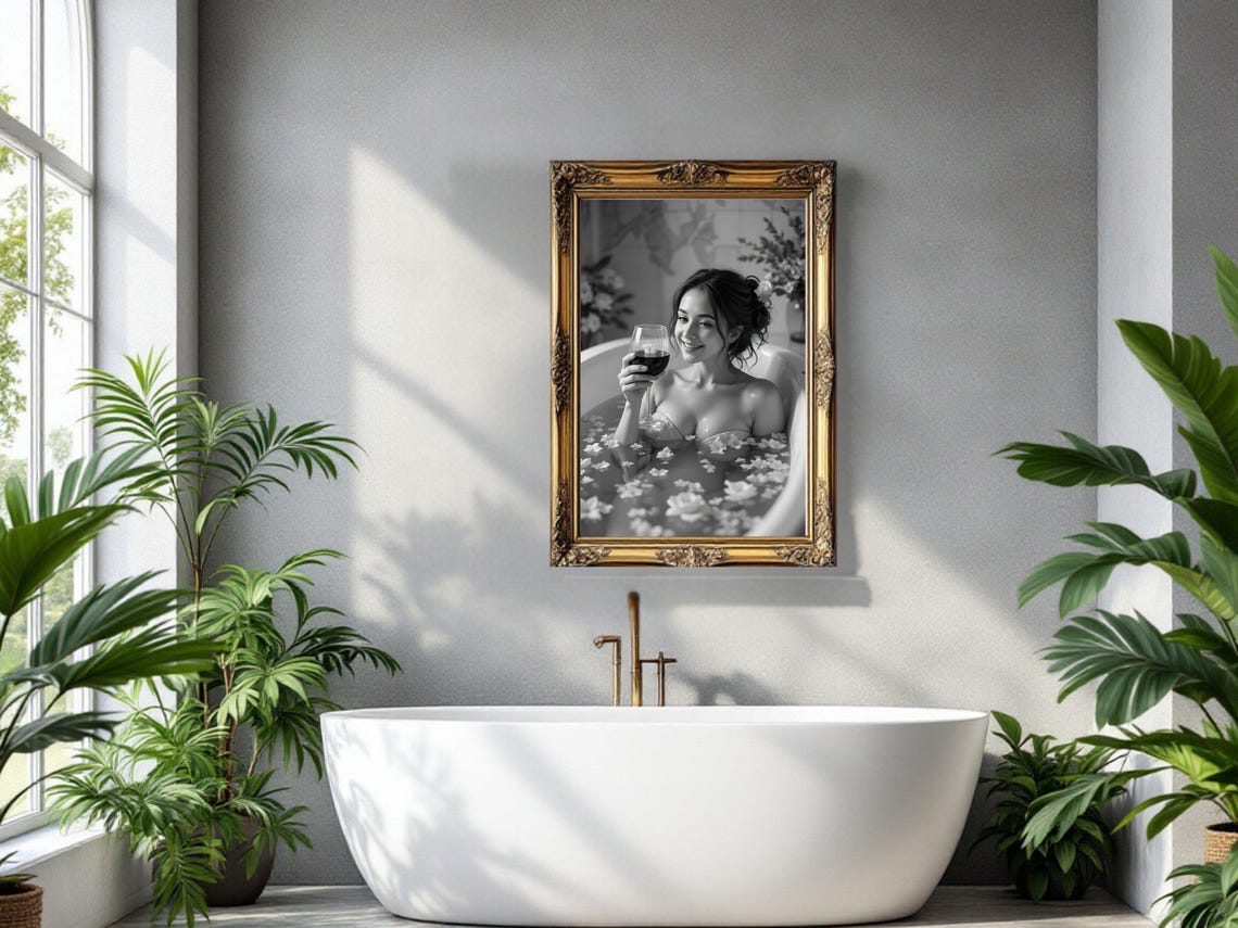 Smiling Woman in Flower Petal Bathtub with Wine Glass Poster - Image 2