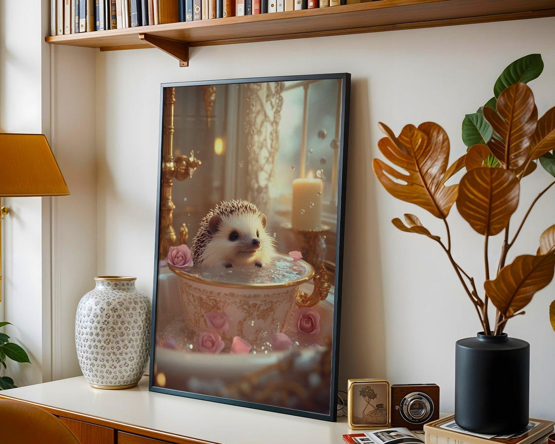 Tiny Hedgehog Bathing In A Fancy Teacup With Rose Petals Poster - Image 4