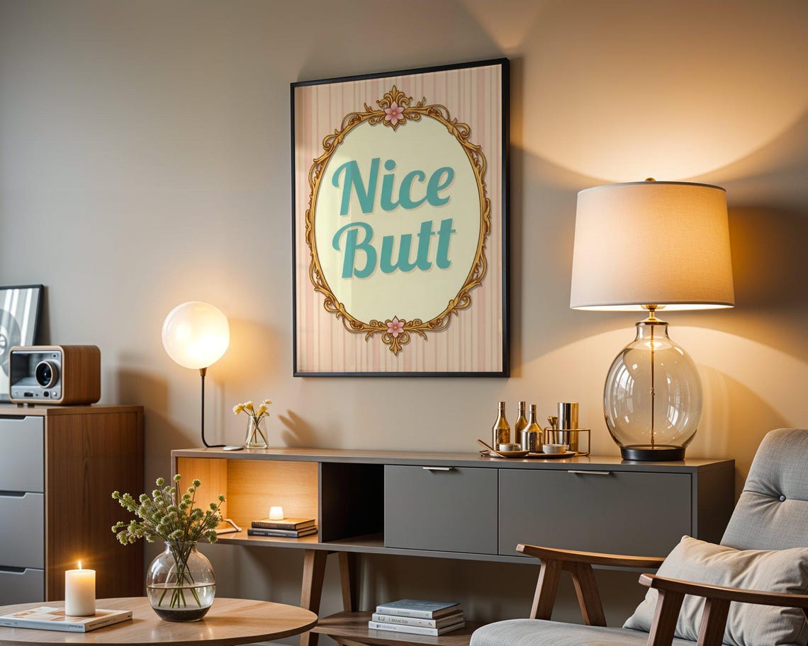 Cheeky Nice Butt Quote in a Vintage Gold Oval Frame Bathroom Poster - Image 3
