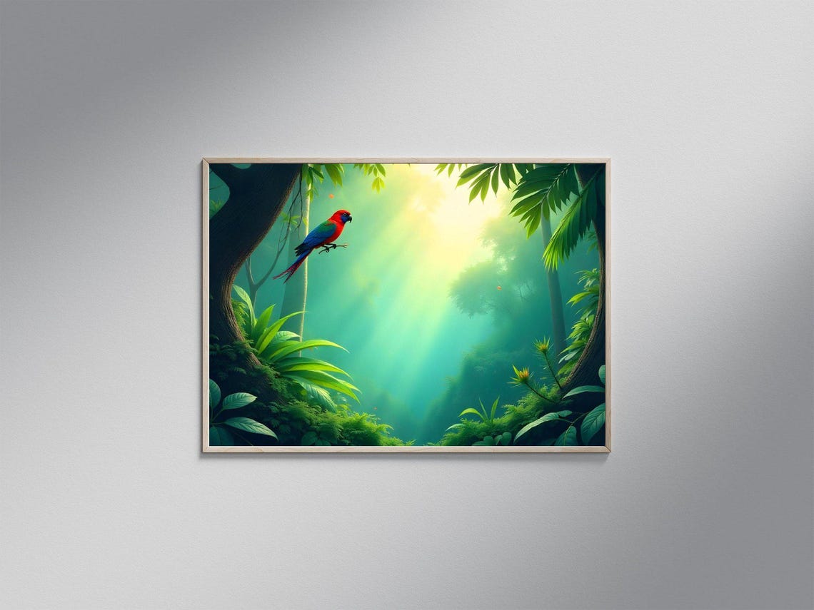 Colorful Parrot Perched in a Sunlit Tropical Rainforest Canopy Poster
