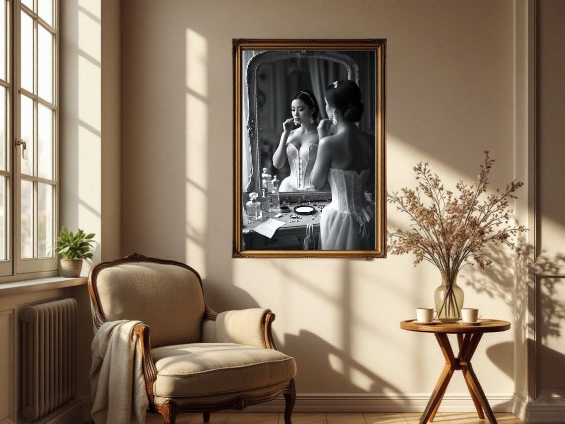 Woman In Corset At Vanity Mirror With Perfume Bottles Poster - Image 2