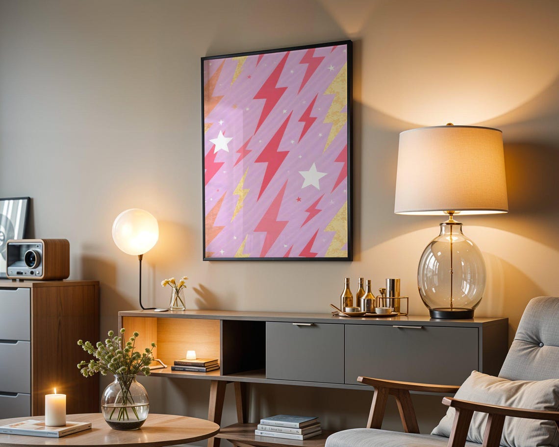 Vibrant Pink Lightning Bolt and Star Pattern Preppy Room Poster - Image 3
