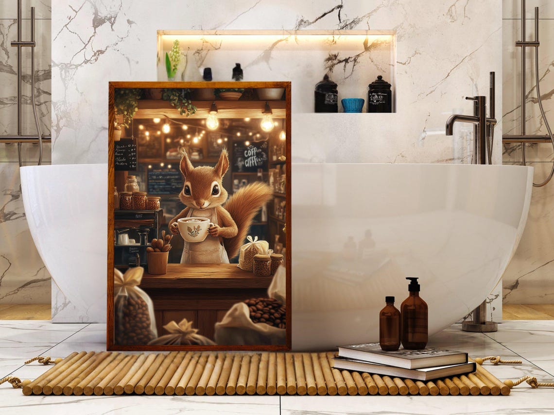 Squirrel Barista Holding a Hot Latte Behind a Coffee Bar Poster - Image 5