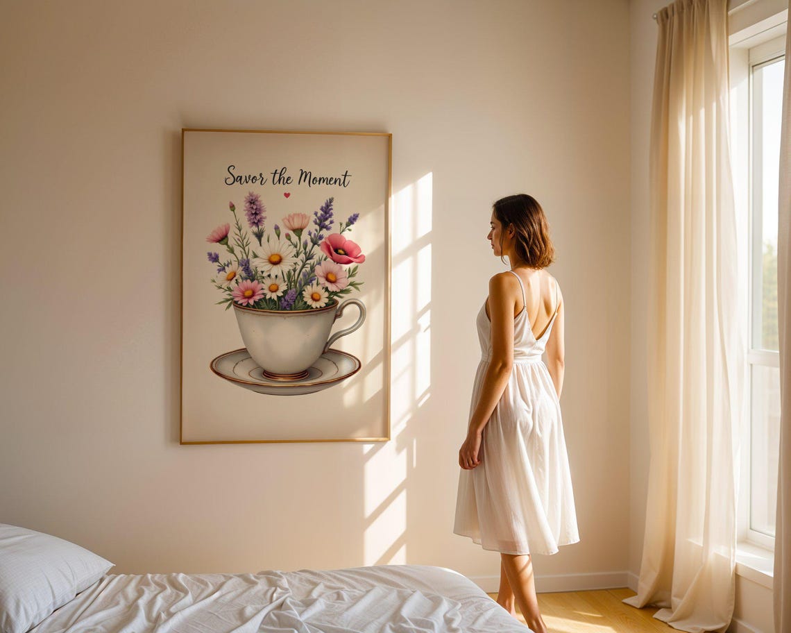 Savor The Moment Wildflower Filled Teacup Botanical Quote Poster - Image 5