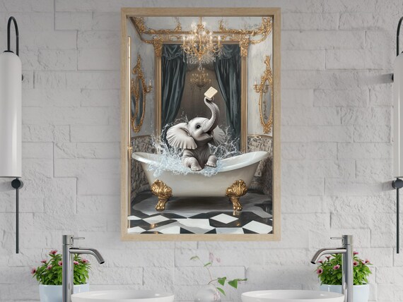 Baby Elephant Splashing in an Ornate Gold Clawfoot Tub Poster