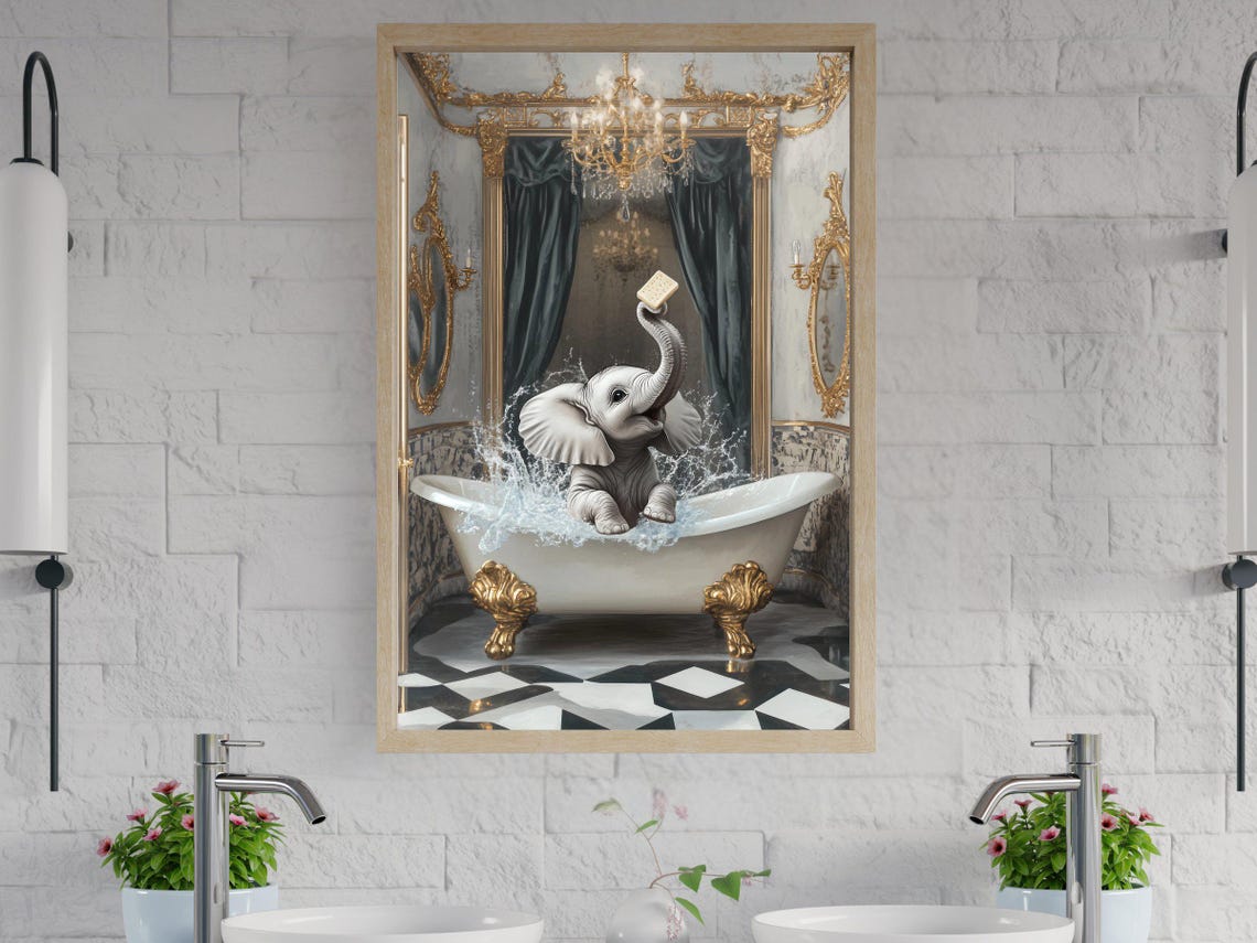 Baby Elephant Splashing in an Ornate Gold Clawfoot Tub Poster