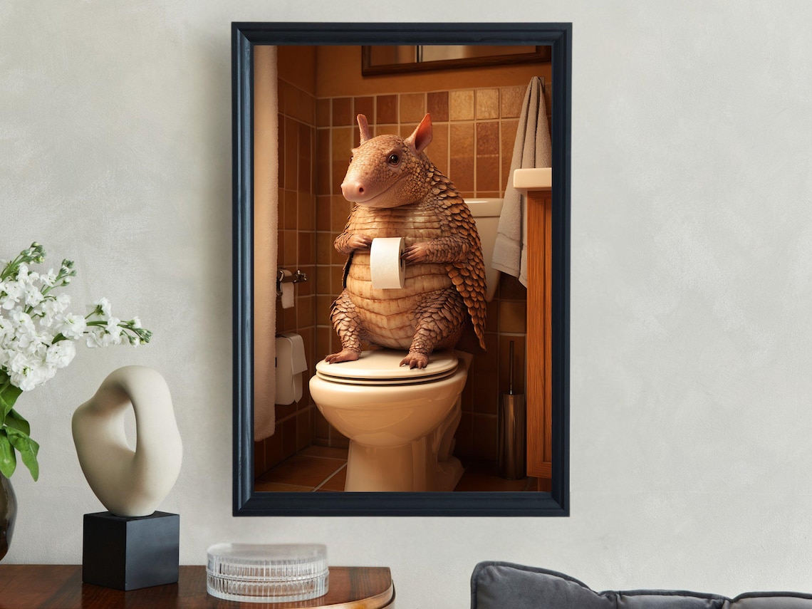 Armadillo Sitting On Toilet Holding Toilet Paper Funny Animal Poster - Image 2