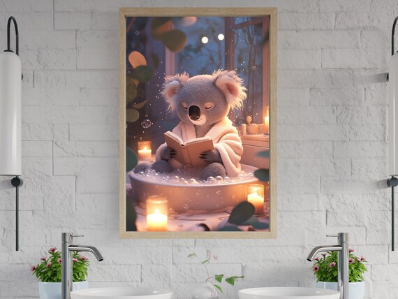 Cozy Koala Reading a Book in a Candlelit Evening Bubble Bath Poster