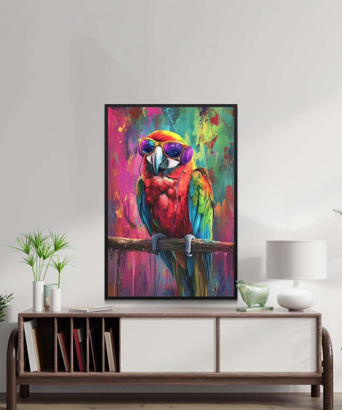 Scarlet Macaw With Orange Sunglasses and Headphones Art Poster - Image 5