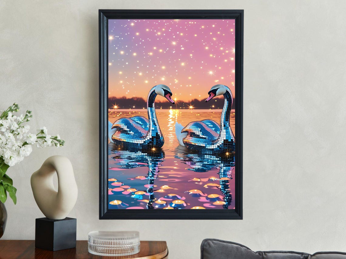 Mirror Disco Ball Swans Pink Sunset Lake Reflection Art Poster
