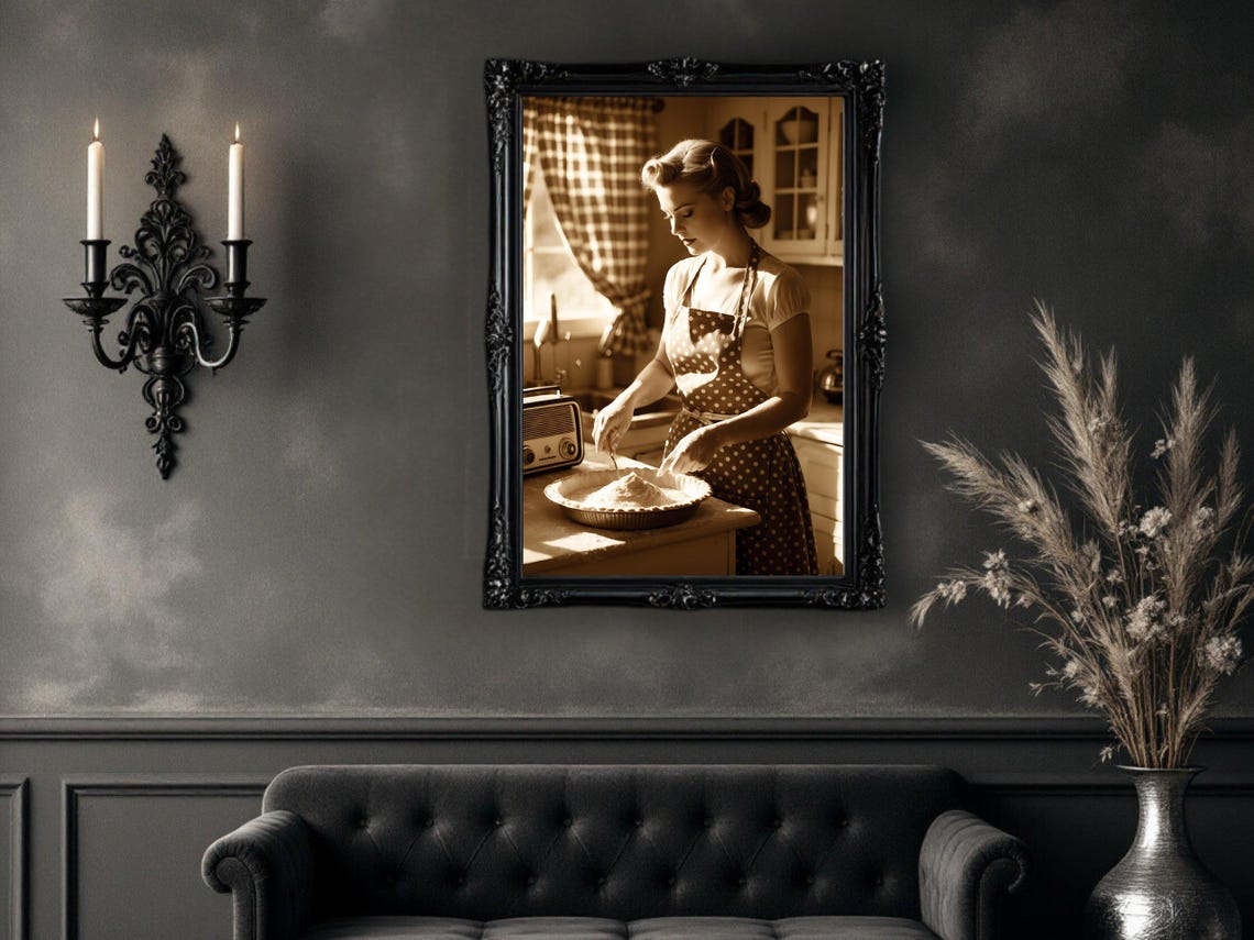 Retro Housewife Baking Pie in Polka Dot Apron, Sepia Kitchen Poster - Image 4