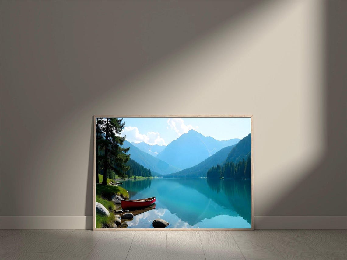 Tranquil Lake Scenic Wall Art Red Canoe Mountain Landscape Nature Photography Print Serene Outdoor Decor Adventurous Boat Artwork - Image 5