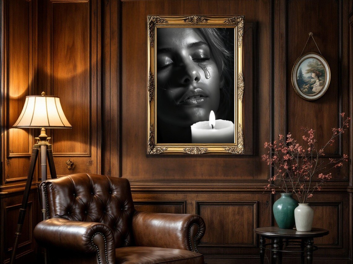 Emotional Woman With A Tear Beside A Candle Moody Portrait Poster - Image 5