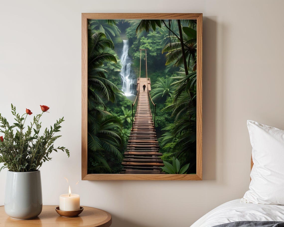 Long Suspension Bridge Crossing Over a Jungle Waterfall Poster