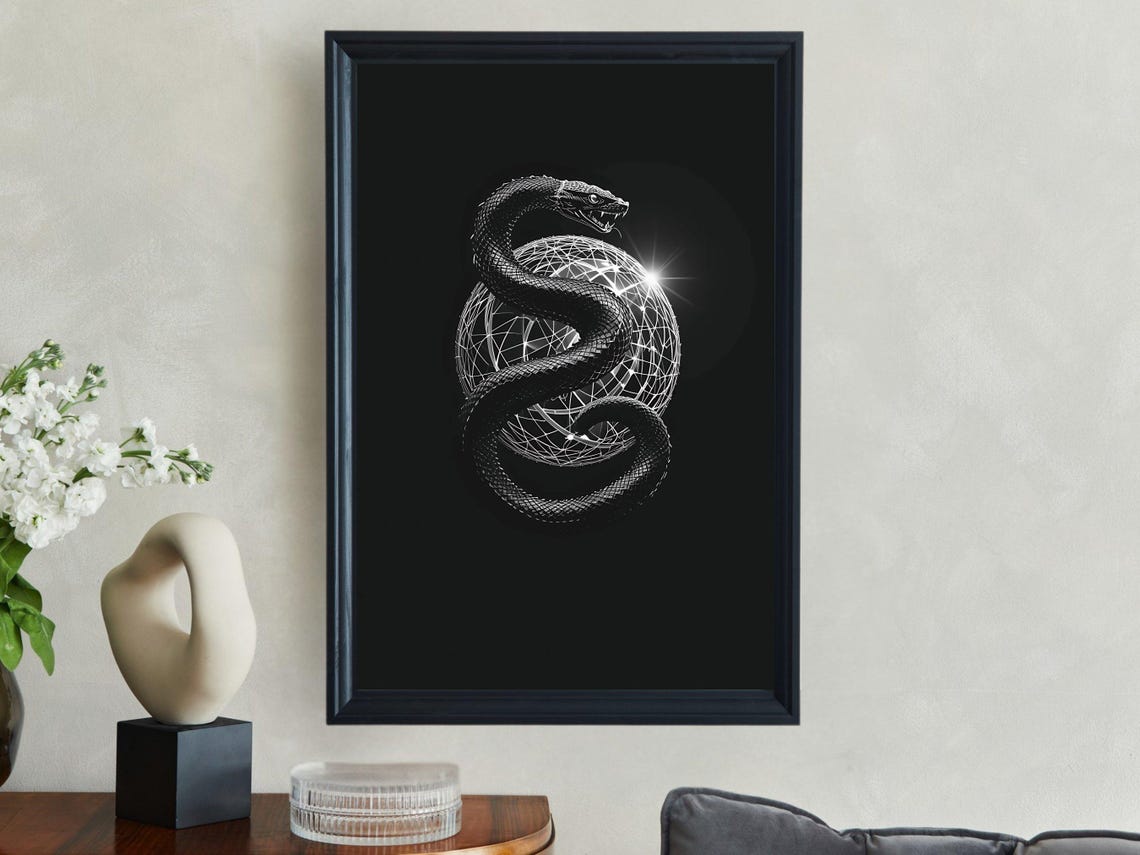 Mystical Snake Black And White Wall Art Geometric Serpent Print Modern Minimalist Decor Unique Reptile Artwork For Home Office