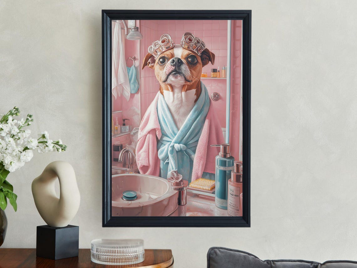 Adorable Dog With Hair Curlers Enjoying a Pink Spa Day Poster - Image 2