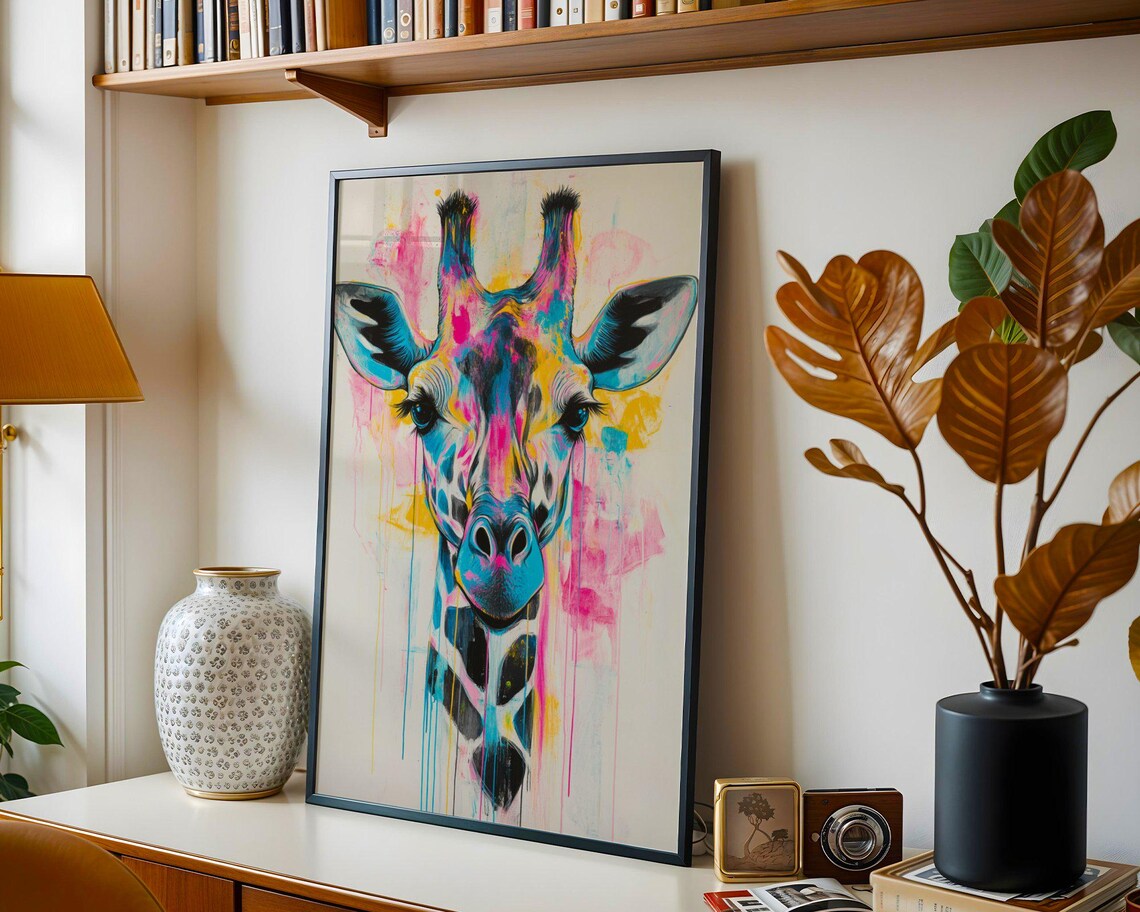 Vibrant Watercolor Splash Giraffe Portrait In Pink Blue And Yellow Poster - Image 2