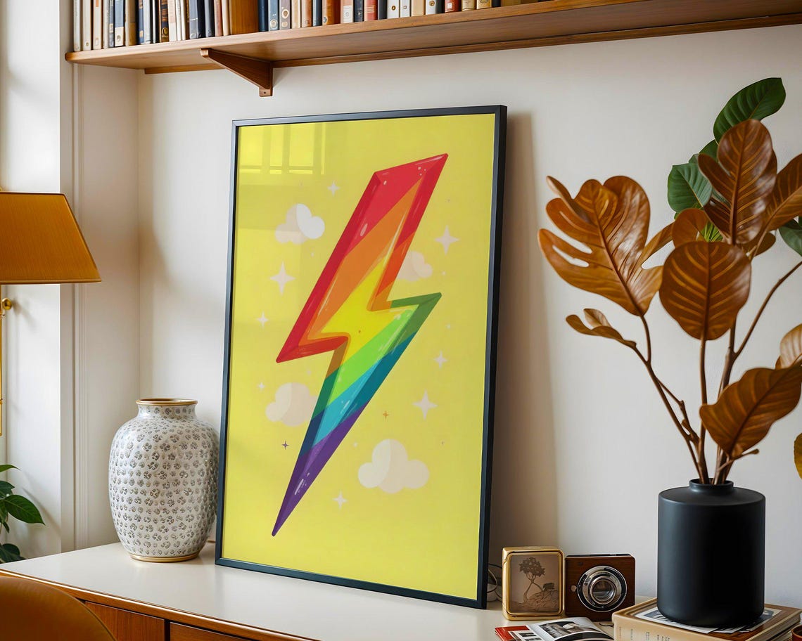 Rainbow Lightning Bolt on Yellow Background Bold Pop Art Print - Image 5