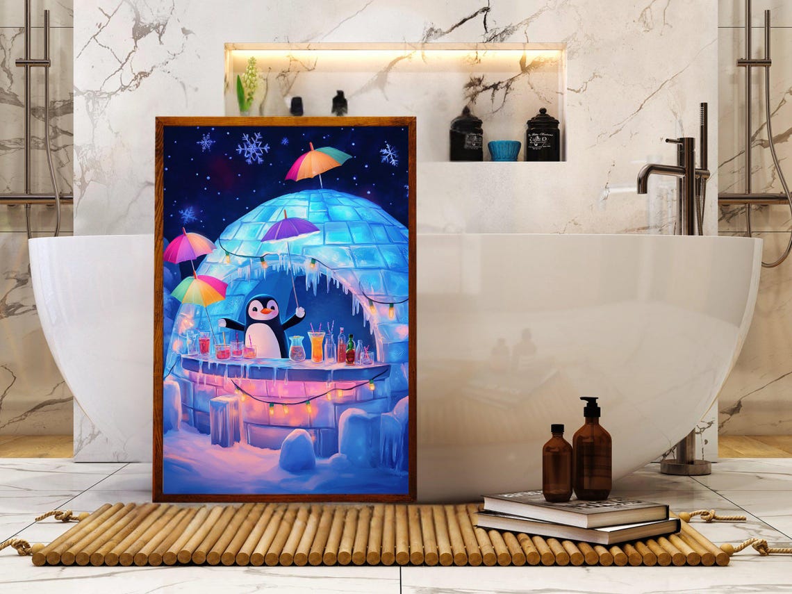 Penguin Bartender in a Glowing Blue Igloo Bar at Night Poster - Image 5
