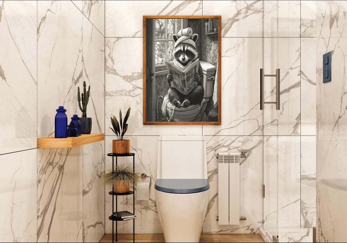 Raccoon with Towel Turban Reading the Newspaper on the Toilet Poster - Image 4