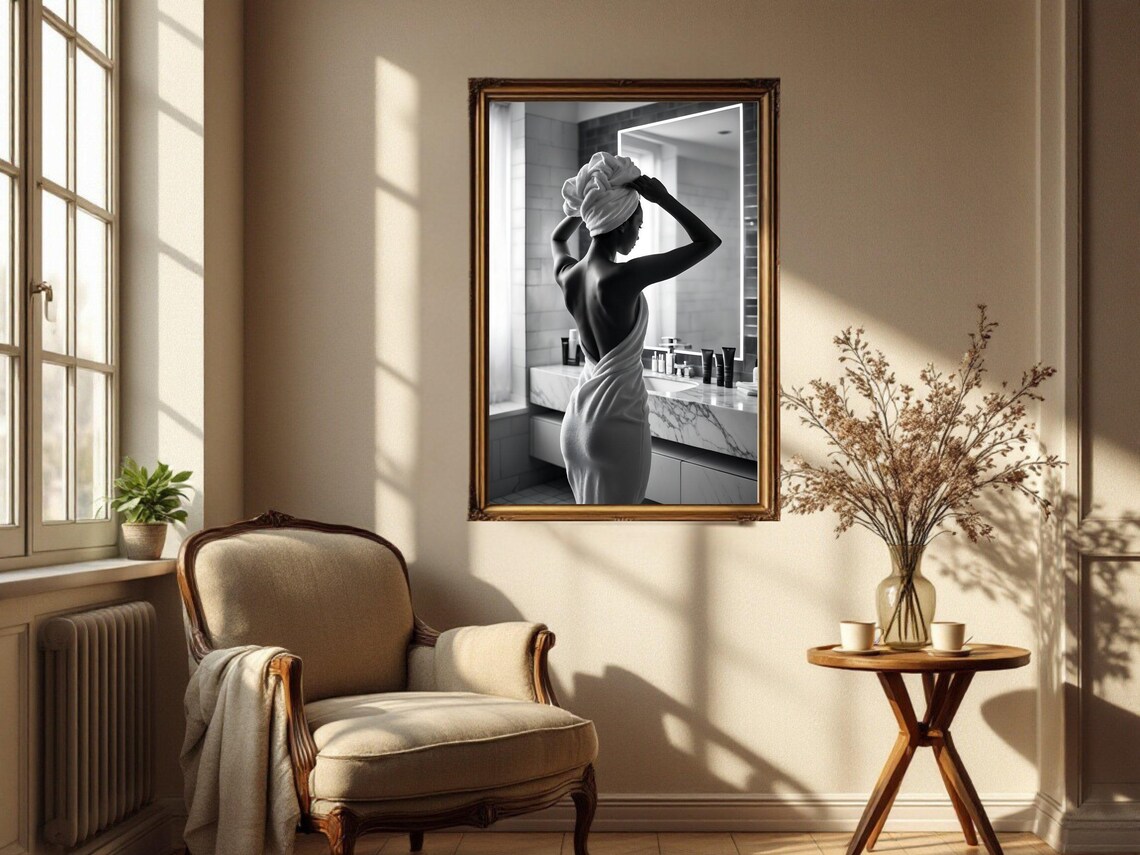 Woman in a Towel Turban Standing Before a Bathroom Mirror Poster - Image 2