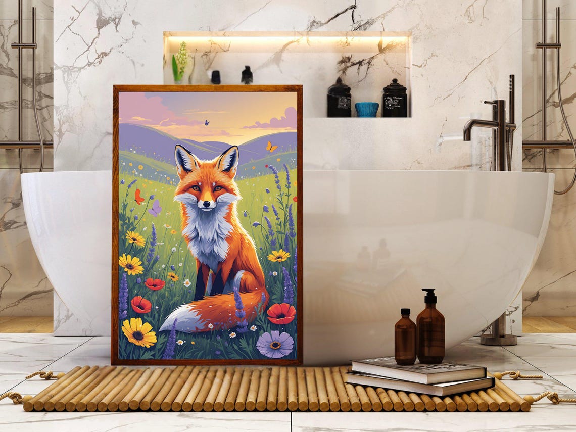 Red Fox Sitting In A Wildflower Meadow With Poppies At Sunset Poster - Image 5