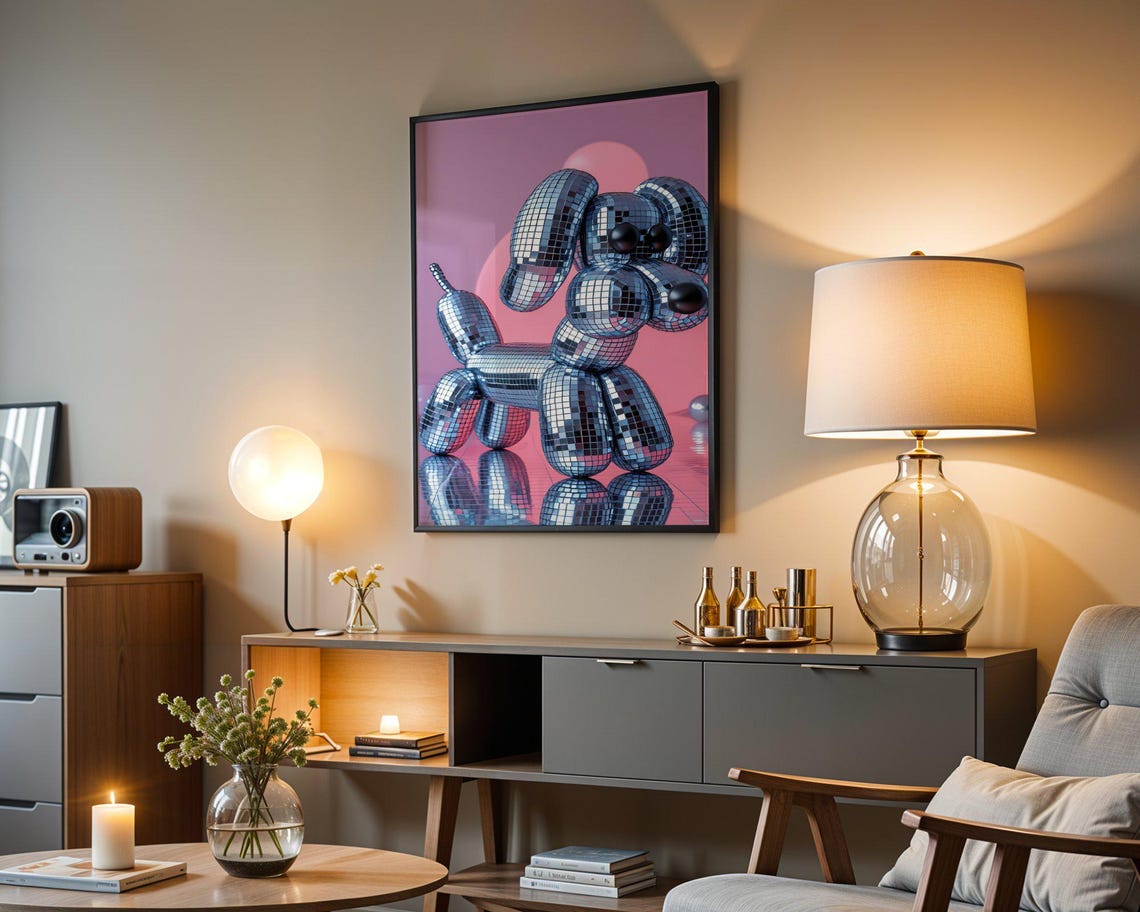 Disco Tile Balloon Dog Sculpture Art Pink Pop Art Decor Poster - Image 4