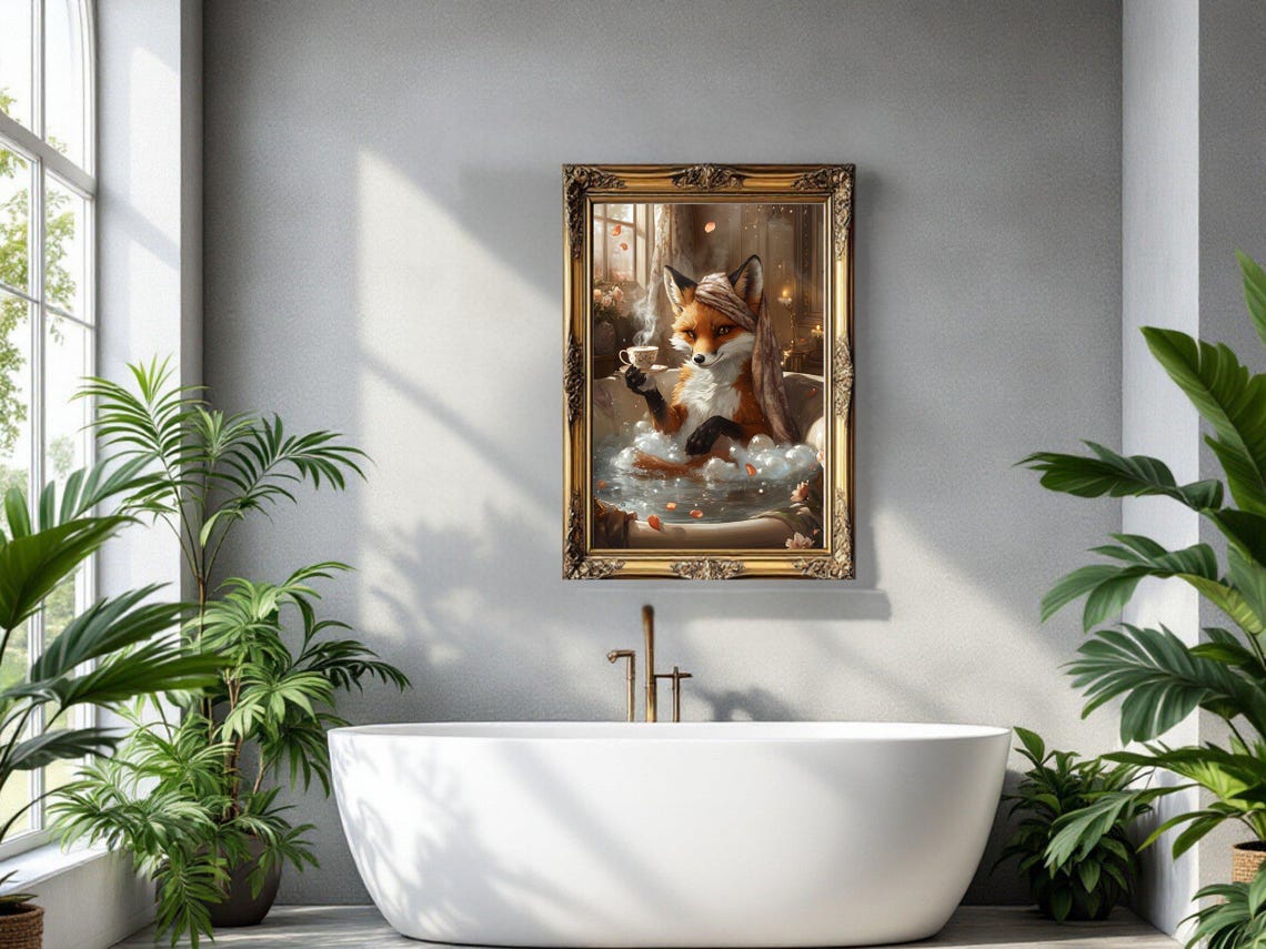 Elegant Fox Enjoying Hot Tea in a Rose Petal Bubble Bath Poster - Image 3
