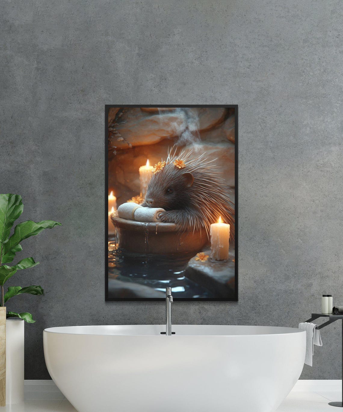 Porcupine Resting on a Stone Bath Edge with Flower Crown Poster - Image 2