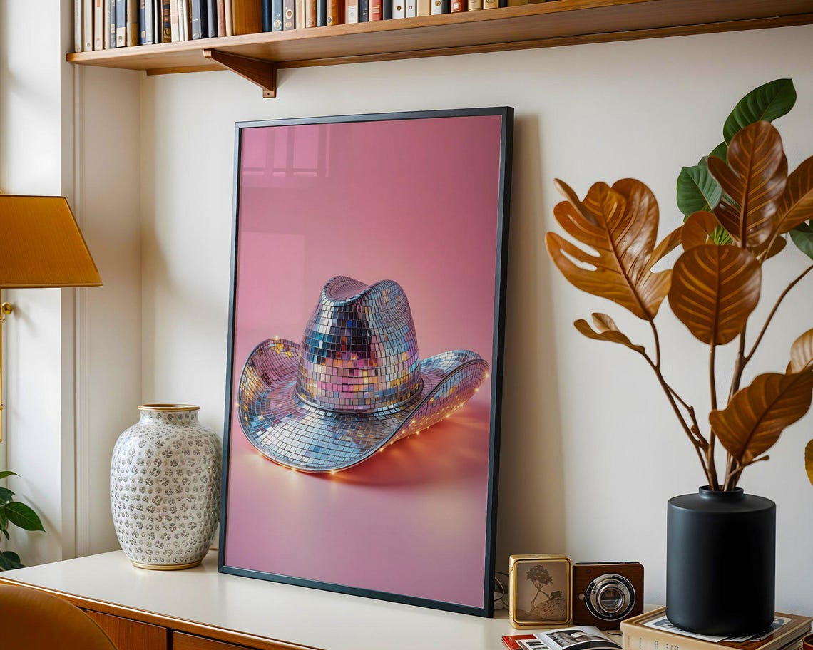 Disco Mirror Ball Cowboy Hat Sparkling Pink Western Decor Poster - Image 5