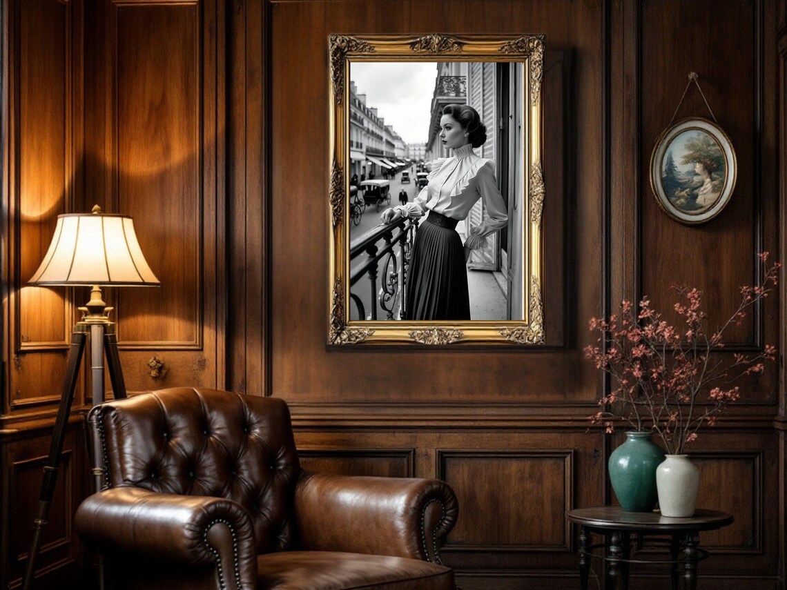 Woman on Parisian Balcony Overlooking Vintage Street, B&W Poster - Image 5