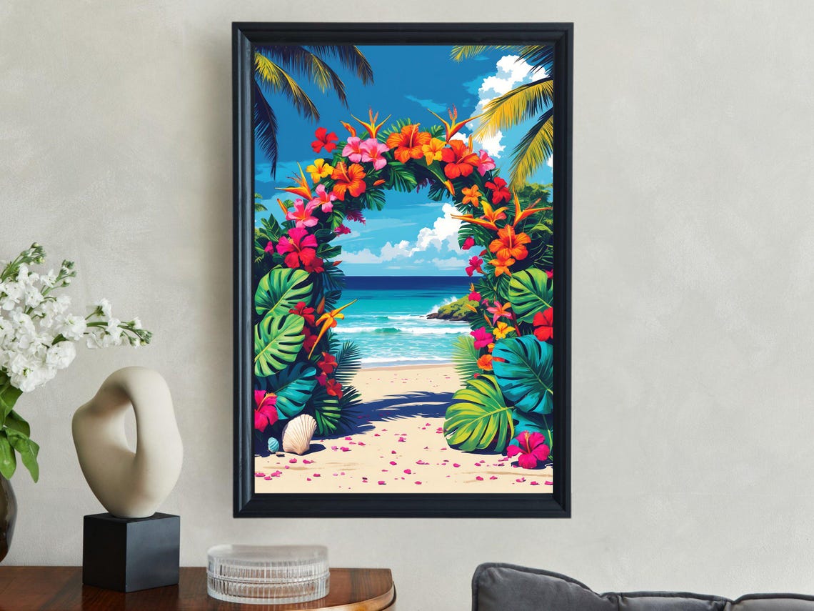 Tropical Beach Ocean View Framed By Hibiscus Flower Arch Poster