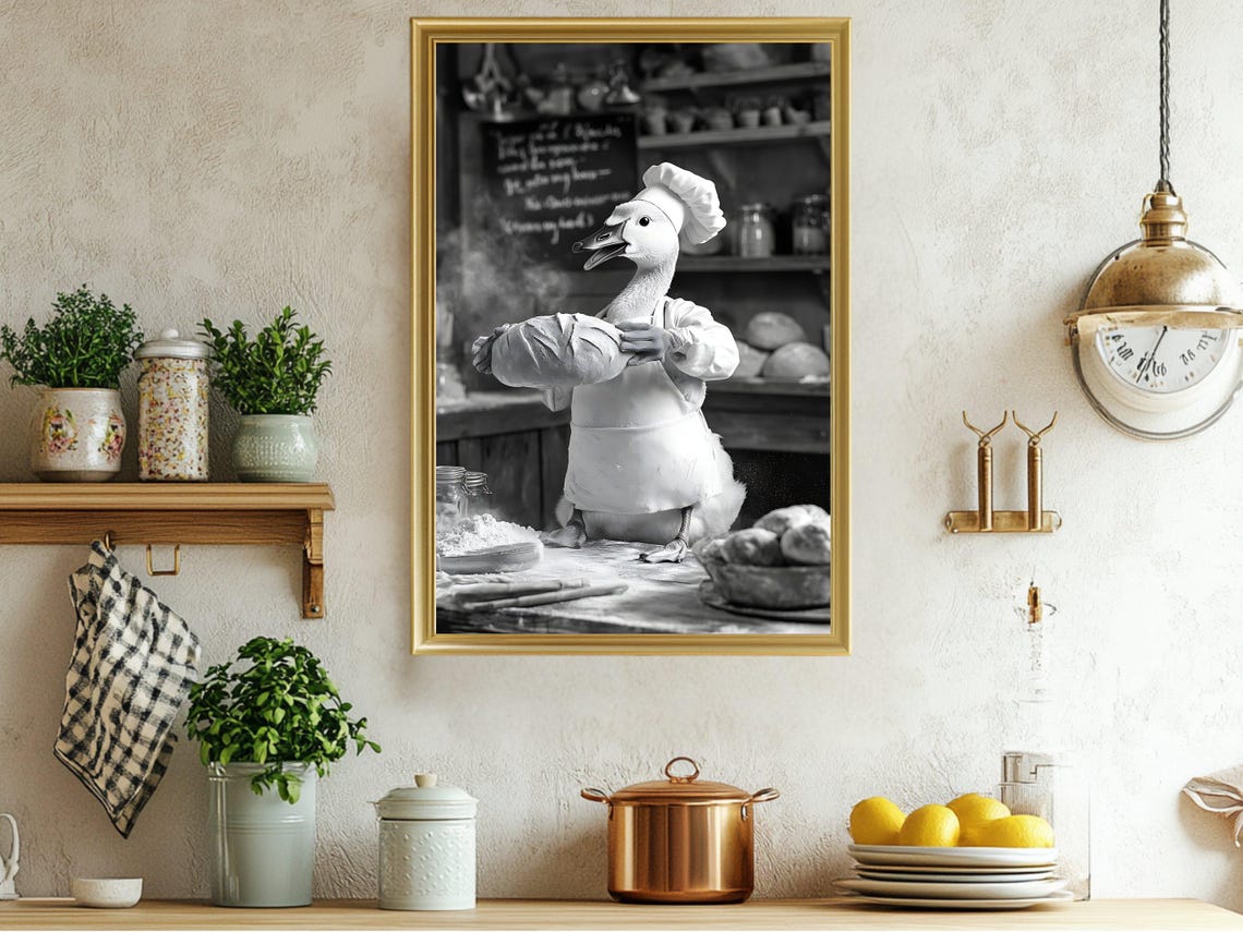 Goose Baker Kneading Dough Funny Animal Bakery Scene Art Print
