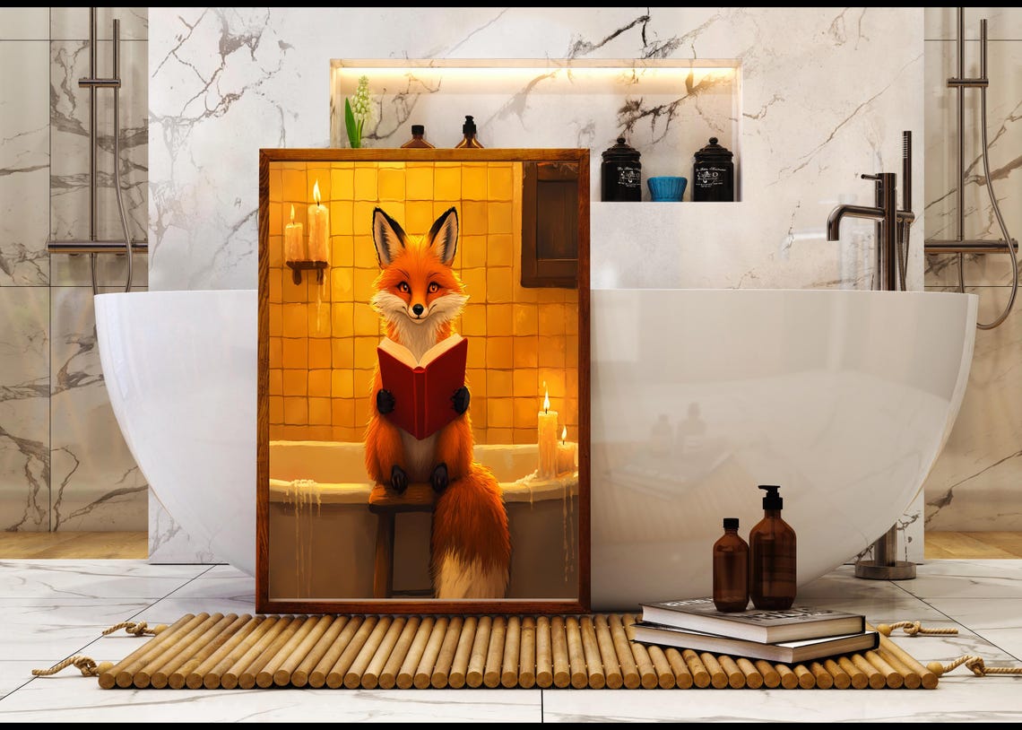 Red Fox Reading Red Book In Candlelit Bathtub Animal Art Poster - Image 5