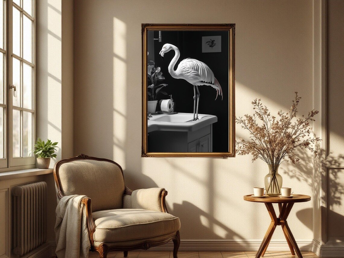 Minimalist Flamingo Standing in a Bathroom Sink Black White Poster - Image 4