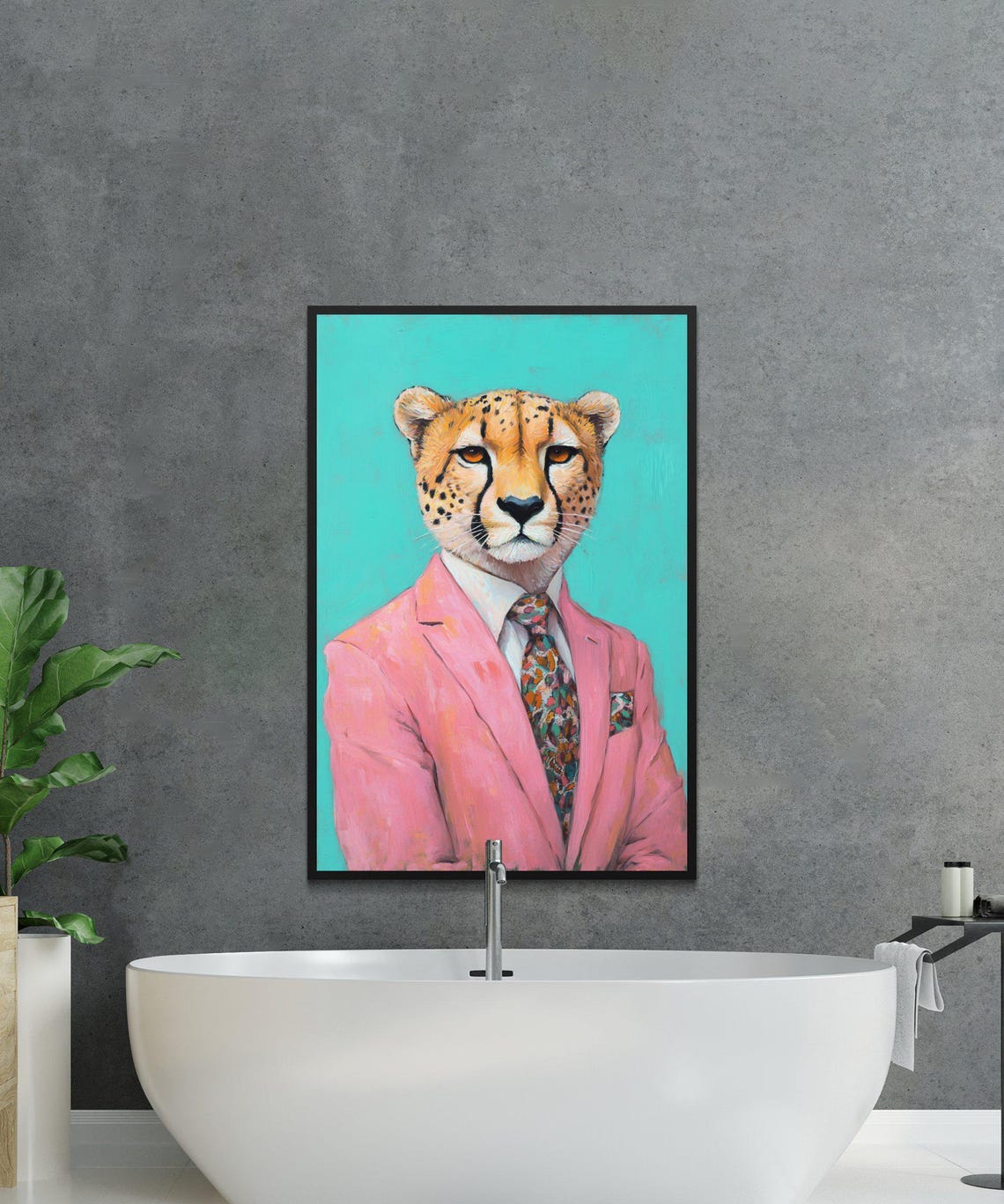 Dapper Cheetah In A Pink Suit With Tie On Turquoise Background Poster - Image 3