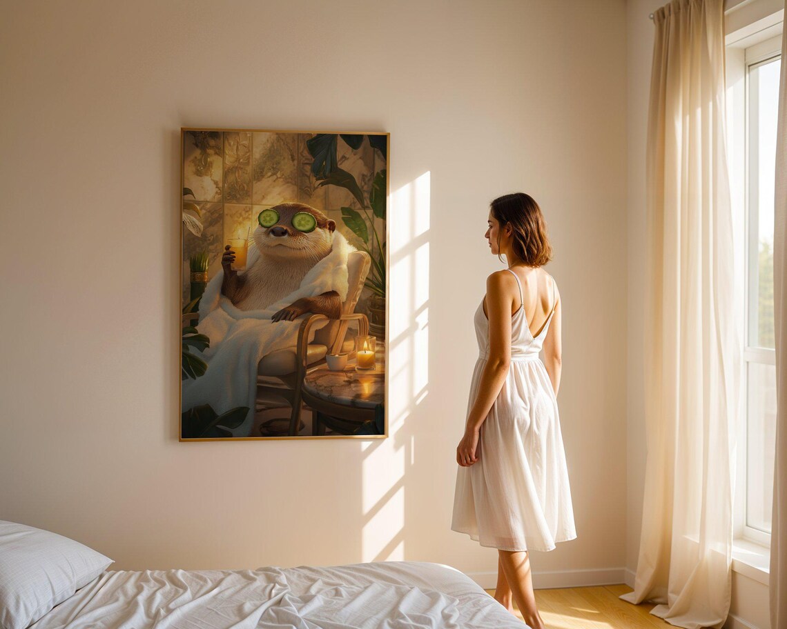 Otter Spa Day With Cucumber Eyes Candle and a Cool Cocktail Poster - Image 3